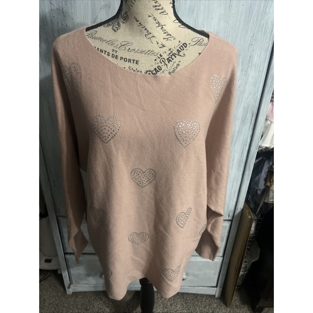 Liv Milano wide sleeve rhinestone heart sweater Xl Boho NWT Blush